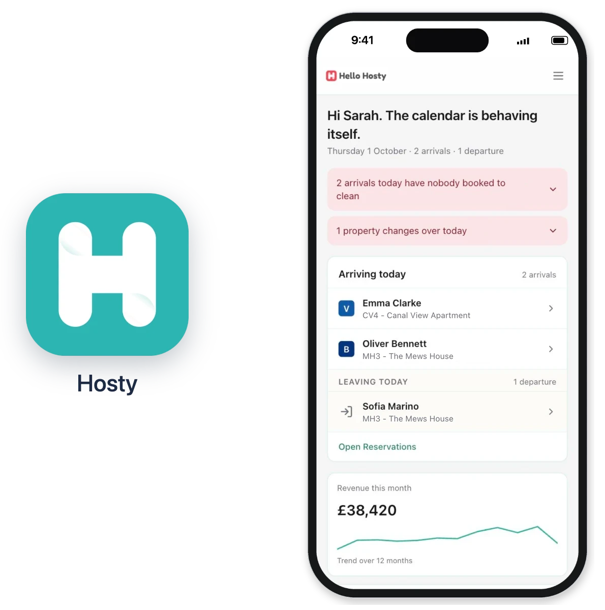 The Hosty app on a phone: today's arrivals and departures, installed from the home screen