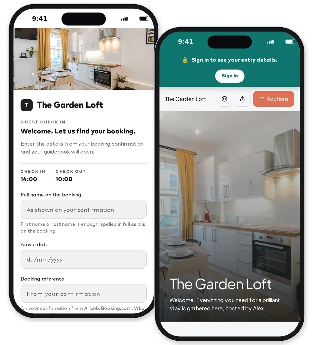 Guest check in on a phone: the guest confirms their booking and entry details stay locked until then