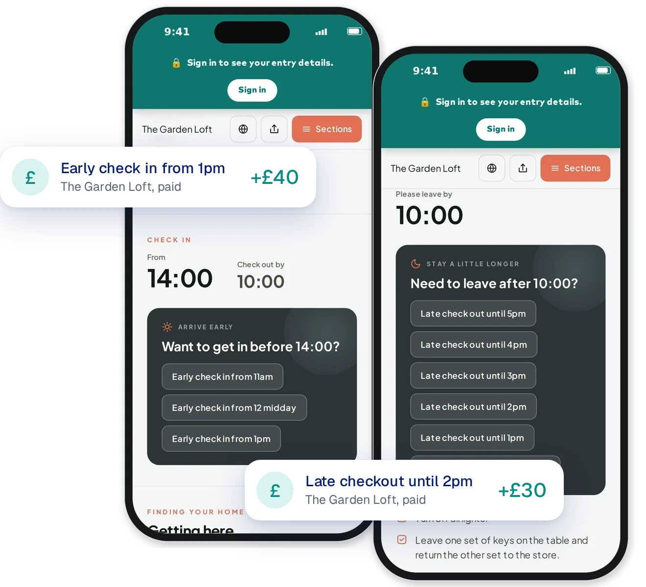 Two phones showing a Hello Hosty guidebook selling early check in and late checkout, with £40 and £30 paid to the host