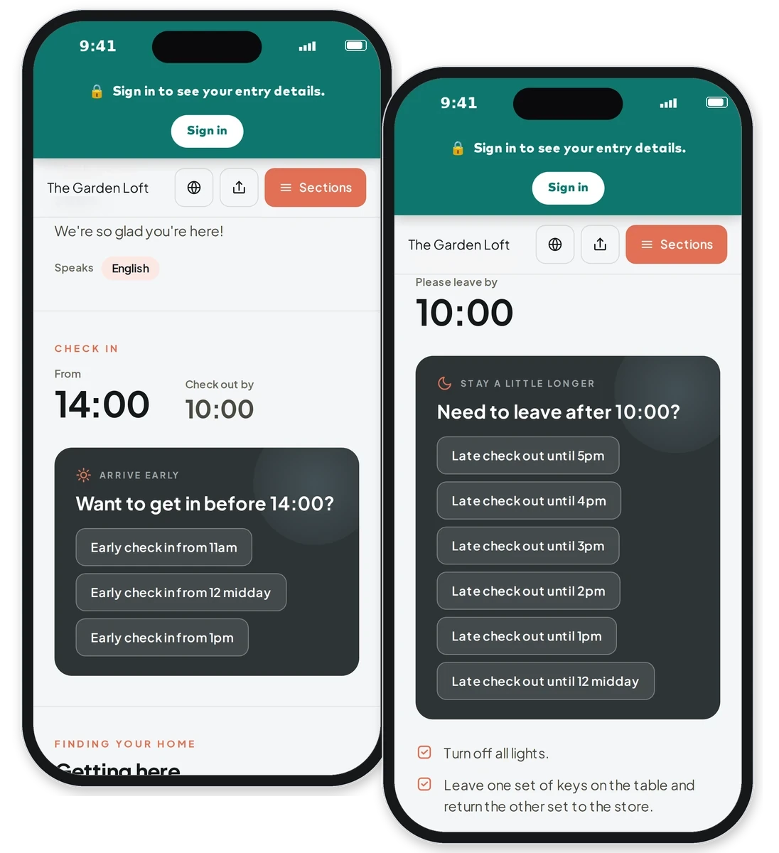 A guest guidebook on a phone offering early check in and late checkout