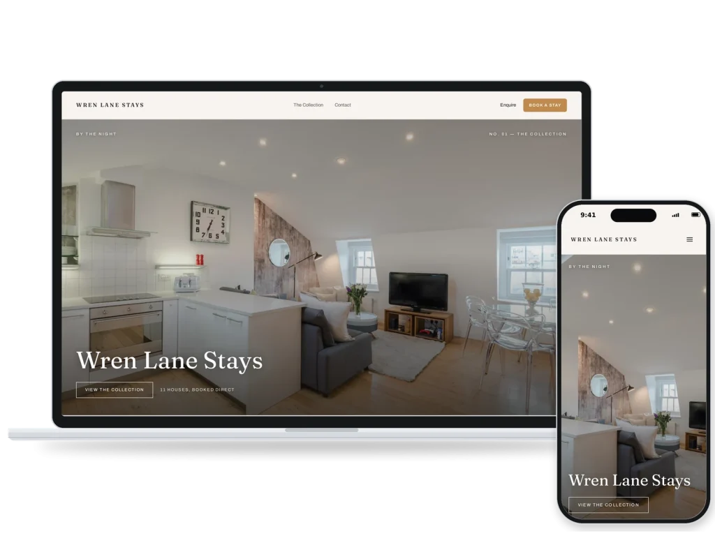 A Hello Hosty direct booking website shown on a laptop and a phone
